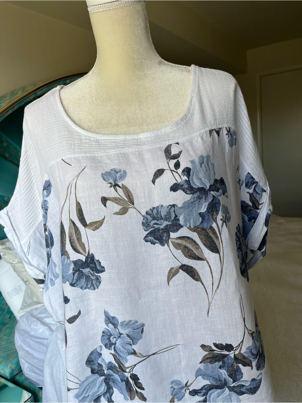 Lungo L’Ajno Linen Tunic Top 3X Blue Floral White Resort Beach Cover Up - Picture 4 of 9